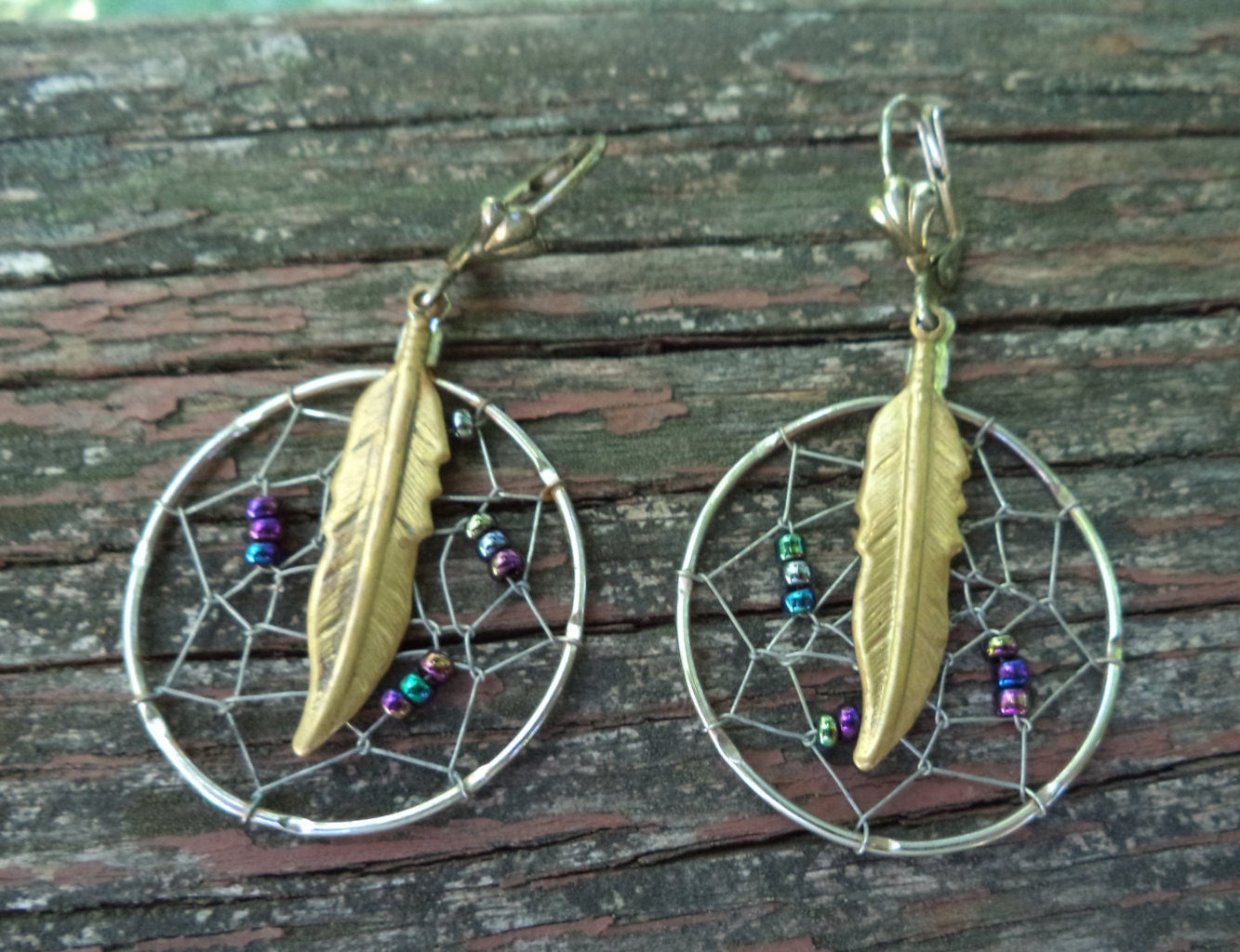Vintage Handmade Dreamcatcher Earrings – Silver Wire, Gold Feather & Seed Beads