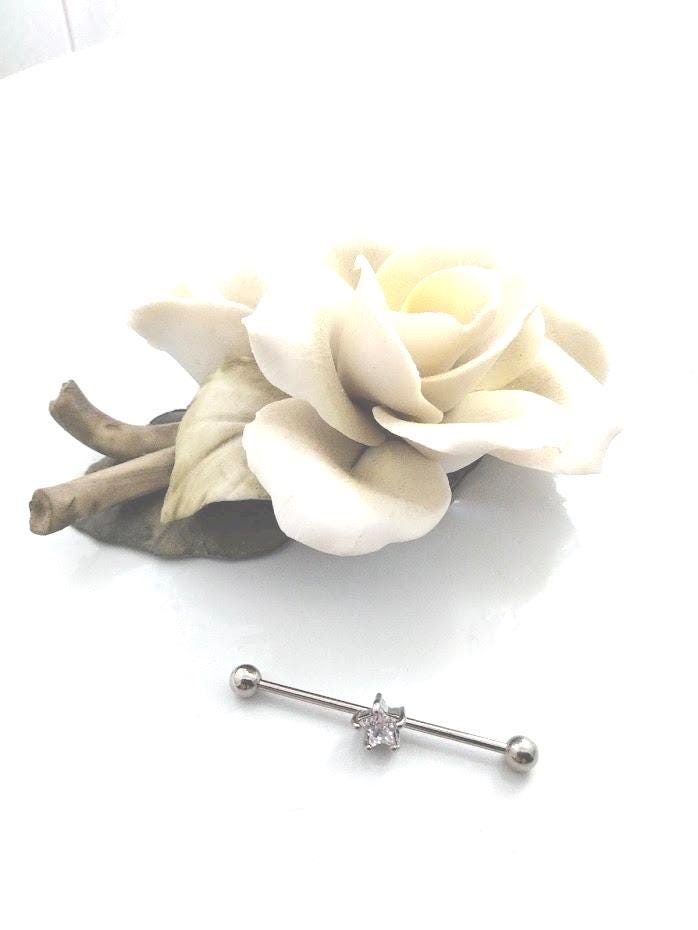 14G Star Industrial Barbell – Surgical Steel, Diamond-Like 5/16" Star Stone