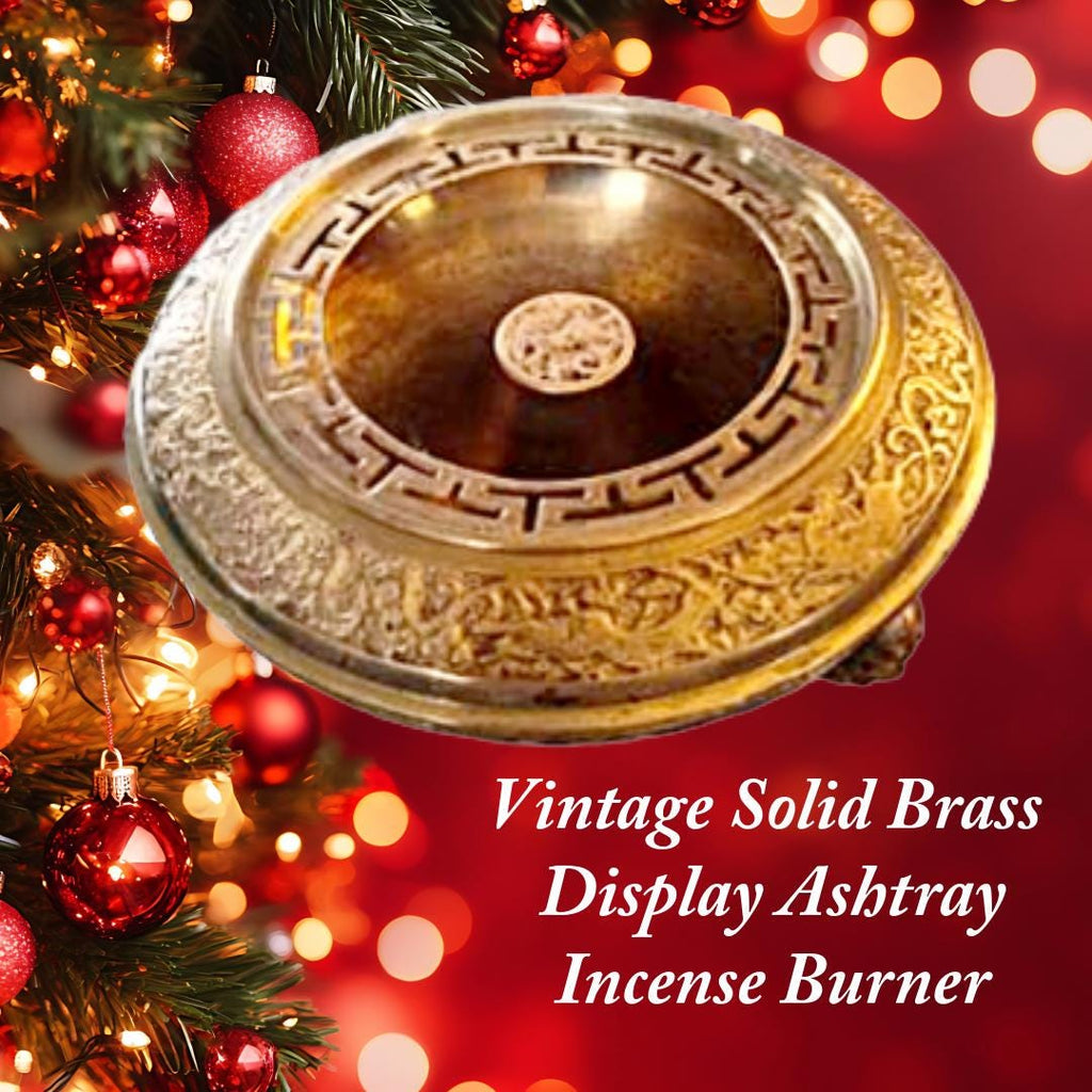 Solid Brass Cigar Ashtray & Incense Burner | Ornate Lid | Mid-Century Vintage