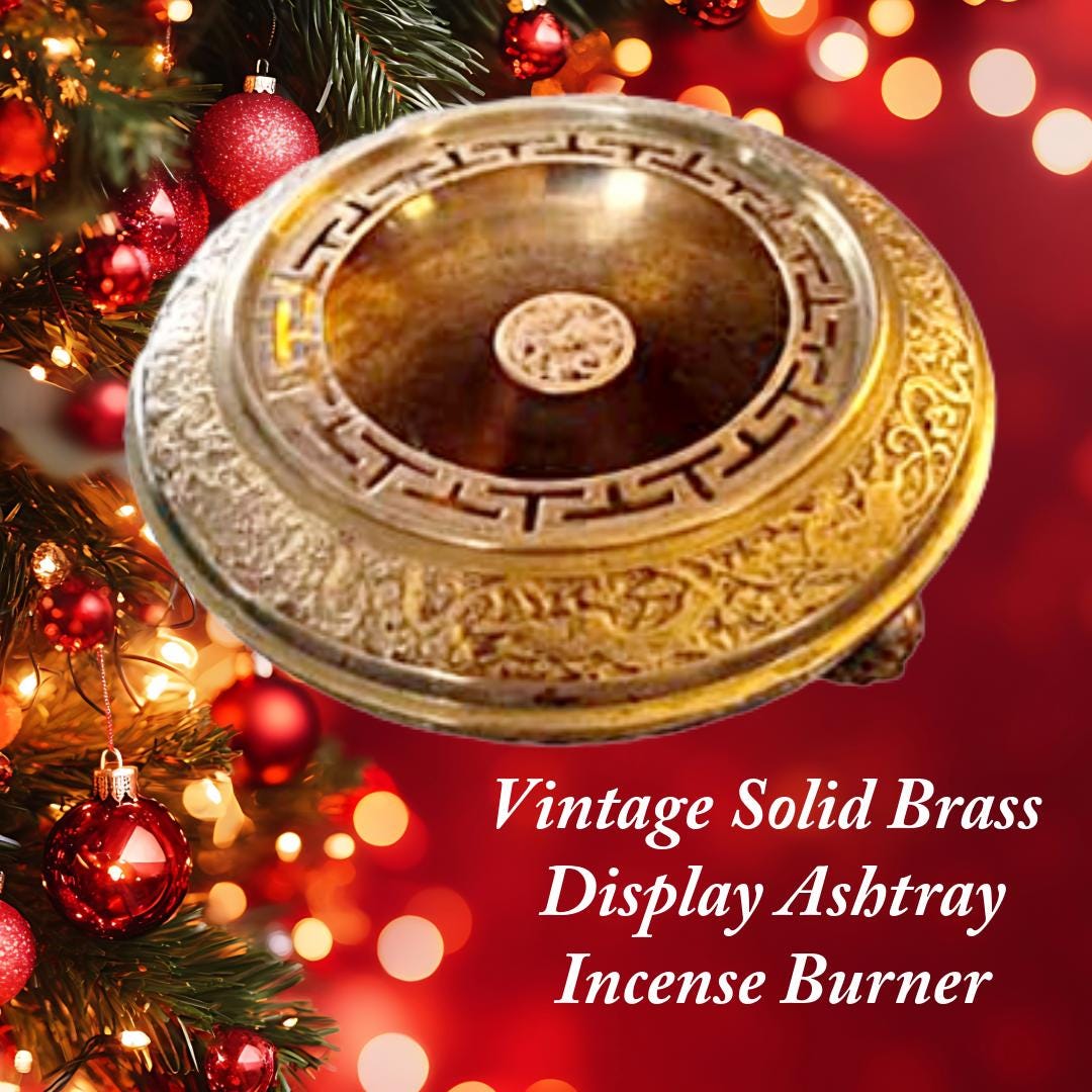 Solid Brass Cigar Ashtray & Incense Burner | Ornate Lid | Mid-Century Vintage