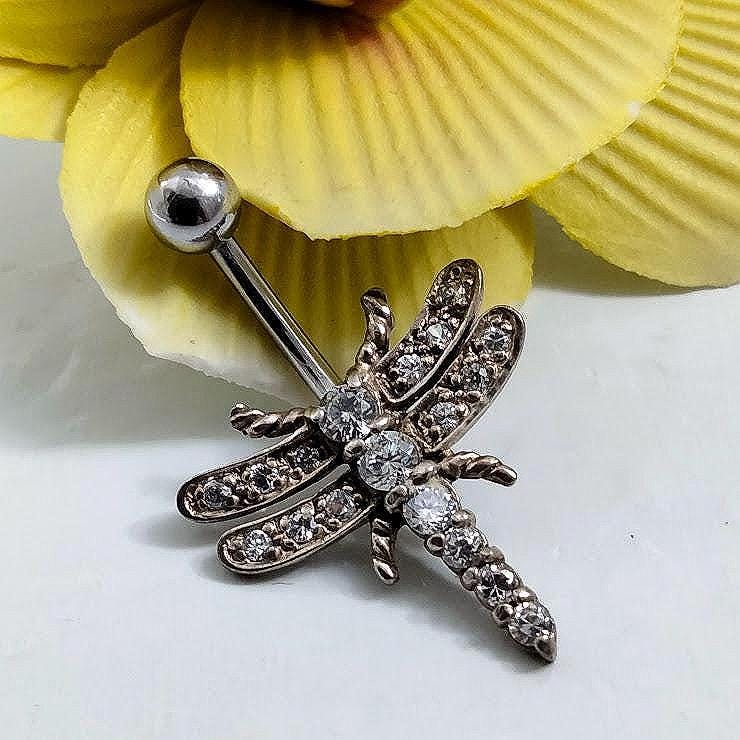 Butterfly Belly Ring, 14G Surgical Steel, Diamond-Cut Stones