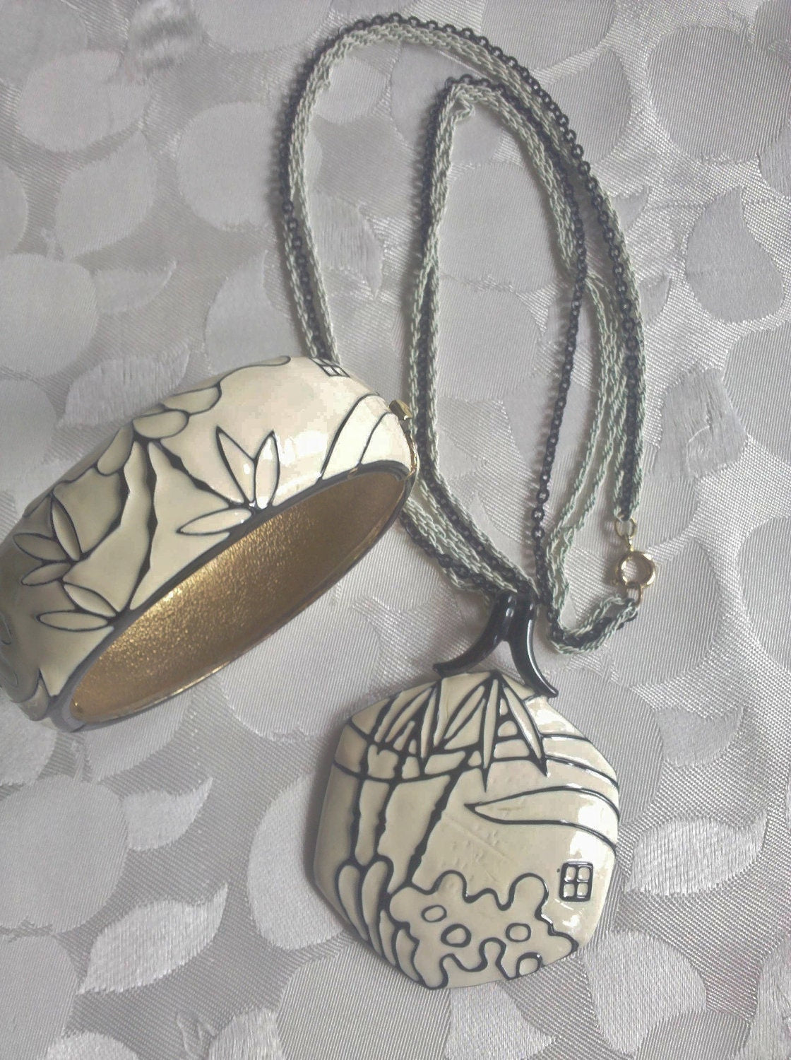 Vintage Art Deco Tropical Palm Enamel Bracelet & Necklace Set – 1980s