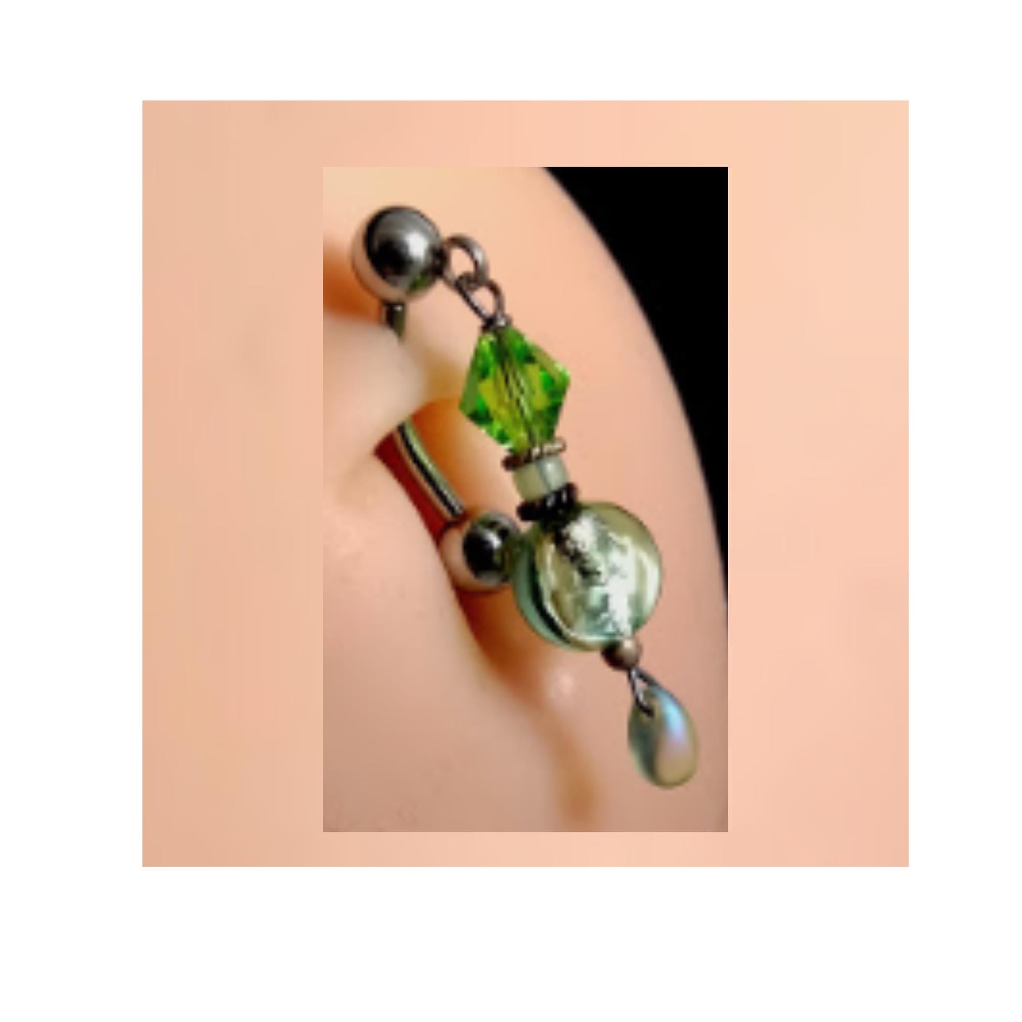 Green Glass Bead Dangle Belly Ring – 14G Surgical Steel