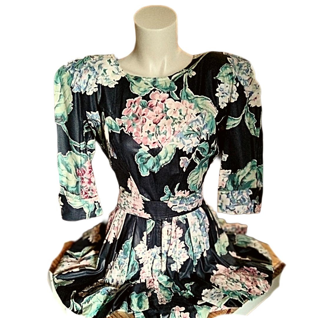 Karen Alexander Vintage Wiggle Dress | 1980s Peplum Floral | Size 4 Petite