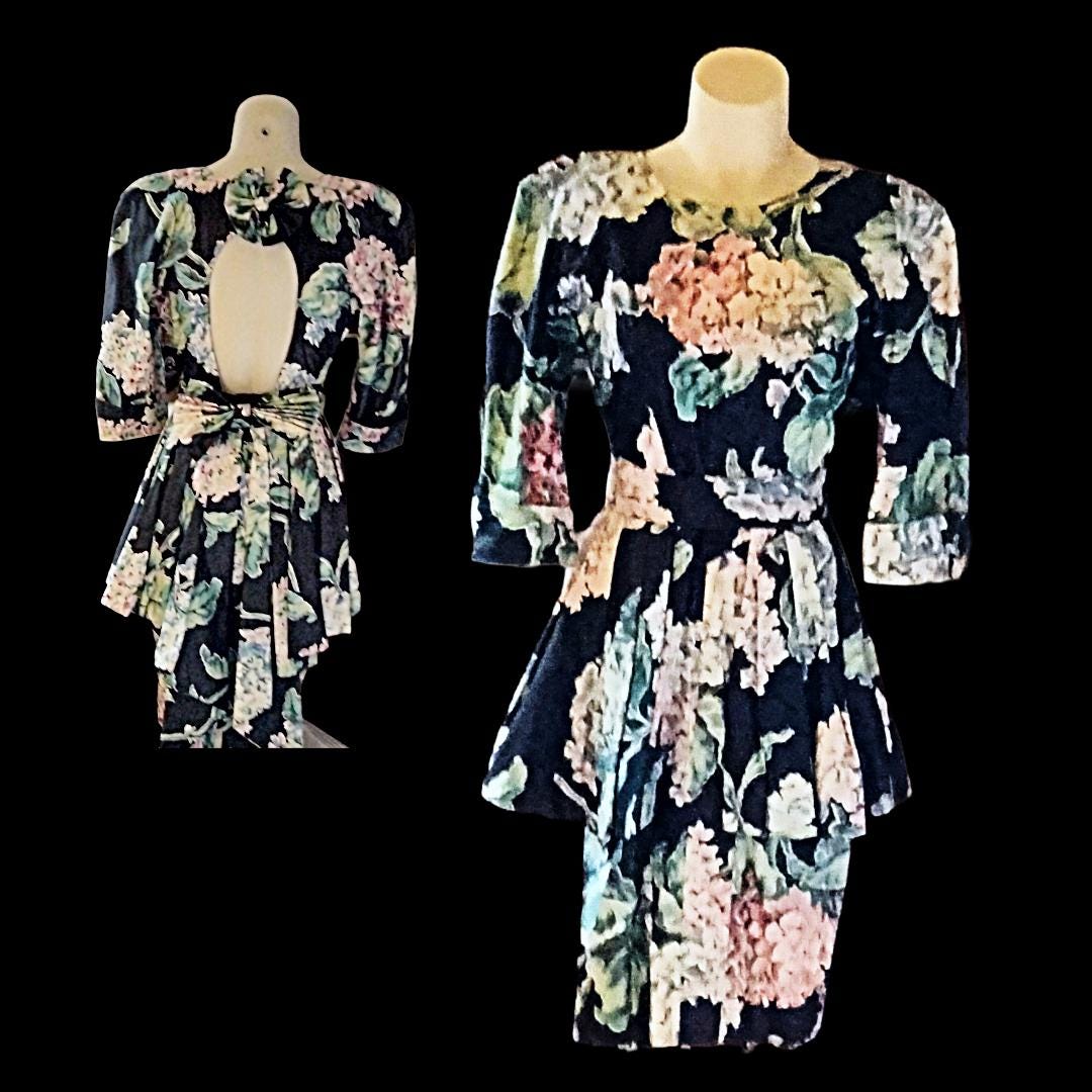 Karen Alexander Vintage Wiggle Dress | 1980s Peplum Floral | Size 4 Petite